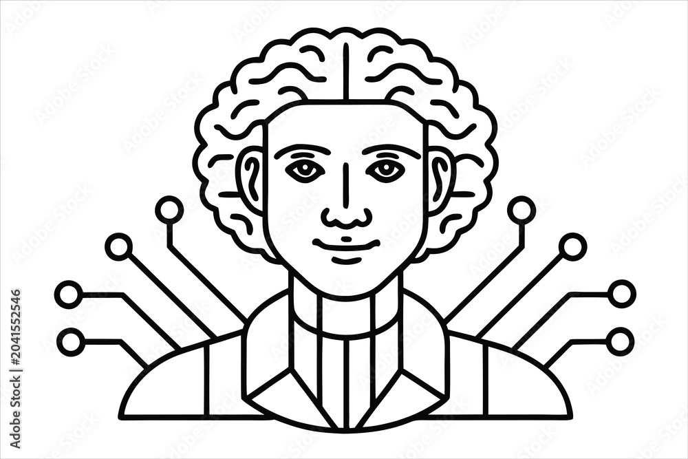 Fototapeta premium Artificial Intelligence Robot Head with Circuit Brain Network in Minimalist Line Art Style