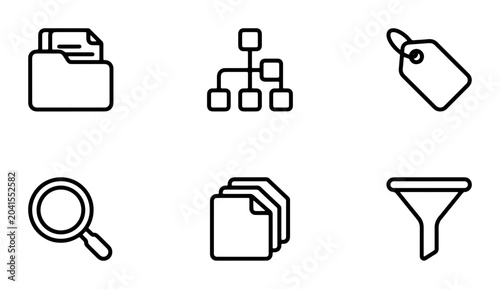 Data Organization Icons: Folder, Hierarchy, Tag, Search, Documents, Filter, Vector Set for Information Management and Analytics