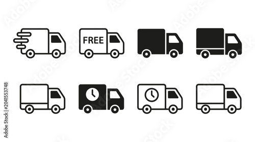 Collection of eight different truck icons illustrating delivery and time-related services
