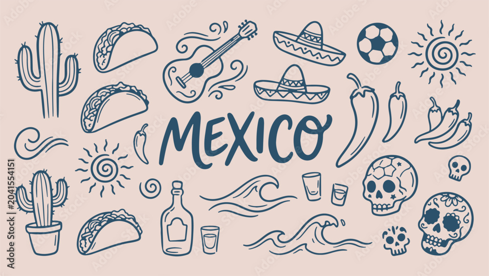 Obraz premium Mexico traditional culture and heritage symbols, hand drawn minimal line art doodle set, premium modern monoline vector illustration, clean design isolated on white background, national tourism and tr