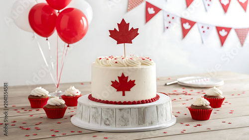 Canada Day celebration cake with maple leaf toppers, cupcakes, and red and white balloons on a wooden table