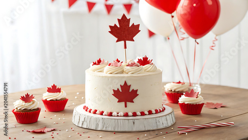 Canada Day celebration cake with maple leaf toppers, cupcakes, and red and white balloons on a wooden table