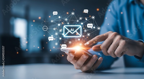 Ai powered email marketing on mobile device with chat icons and network connections
