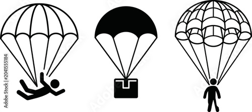 Tableau sur toile Skydiving Parachute and Air Cargo Delivery Icon Set with Skydiver and Package Sh