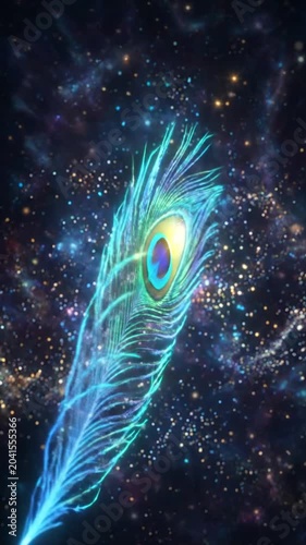 Krishna peacock feather aura with glowing blue peacock motif and cosmic sparkles