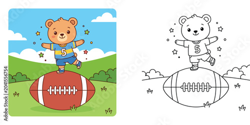 Fotografija Cute bear balancing on a football coloring page for kids, colored and black and white vector outline illustration of a teddy bear athlete in a sports jersey