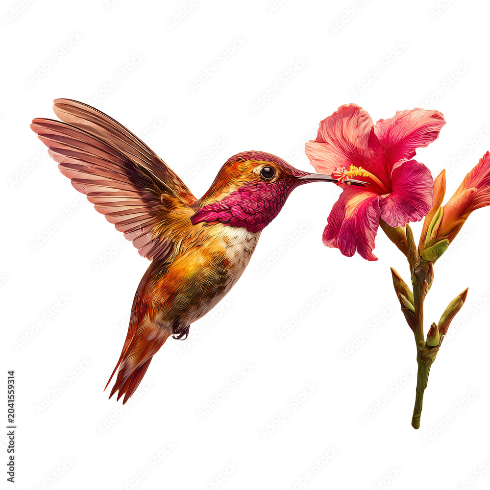 Fototapeta premium Stunning Hummingbird Collecting Nectar from Exquisite Flower in Flight