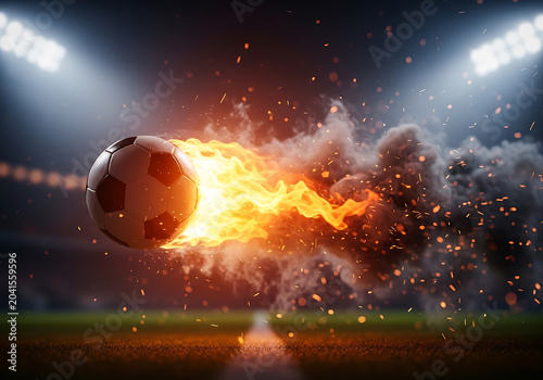 A soccer ball on fire flying through a stadium with flames and smoke