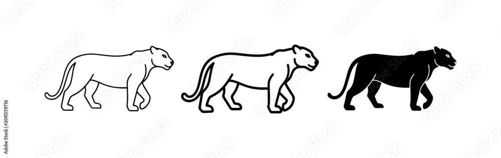 Fototapeta premium Panther Silhouette Vector, Outline Big Cat Icons, Black Wild Animal