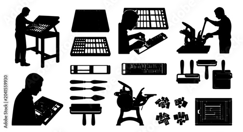 Tableau sur toile Vintage Printing Press Icons, Letterpress Equipment Set, Typography Tools Collec