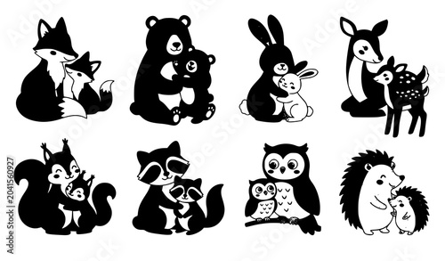 Schilderij op canvas Colorful Woodland Family Animals Clipart Collection Vector Illustration
