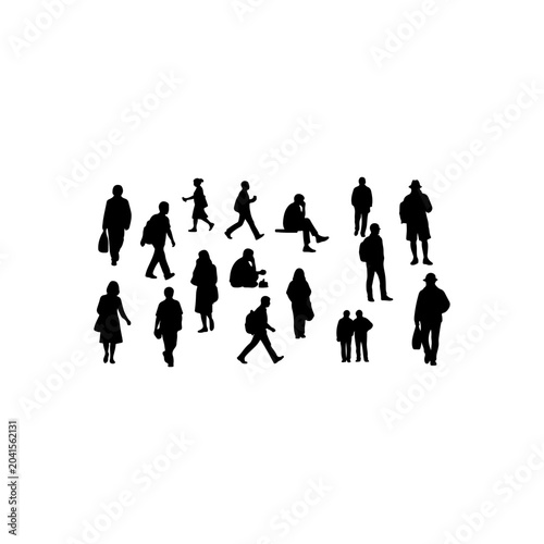 Black and white silhouettes of people in various poses