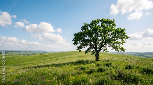 Solitary Green Oak Tree on Rolling Hillside Under Blue Sky with Clouds