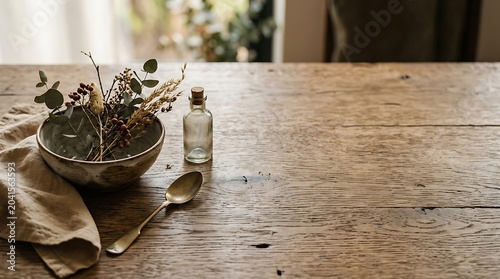Rustic Still Life with Dried Botanicals and Vintage Bottle on Wooden Table