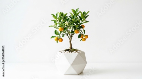 Calamondin orange tree in geometric white pot, miniature citrus bonsai with ripe fruit, indoor potted plant for modern home decor isolated PNG with Transparent Background