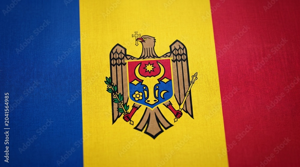 Fototapeta premium Waving National Flag of Moldova with Detailed Coat of Arms | Realistic Blue Yellow Red Silk Fabric Motion Background moldova flag waving, moldova national flag, waving flag of moldova, moldovan flag a
