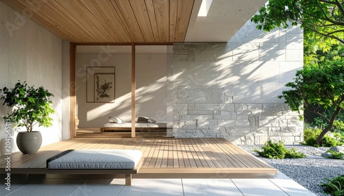 Serene Japanese Zen Garden Courtyard with Natural Light and Lush Greenery.