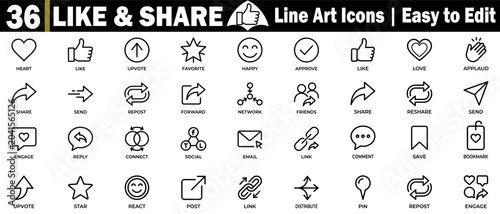 Like and share line art icons. Easy to edit, such as heart, like, upvote, favorite, happy, approve, love, applaud.