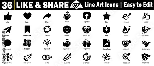 Like and share solid icon set. Easy to edit, such as heart, share, clap, upvote star, engage, boost.