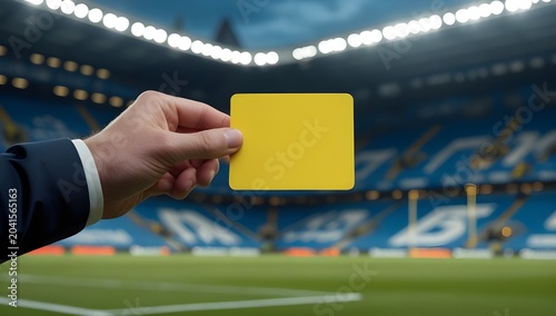 A first-person perspective shot of a referee's hand displaying a solid yellow card on the edge of a football field.