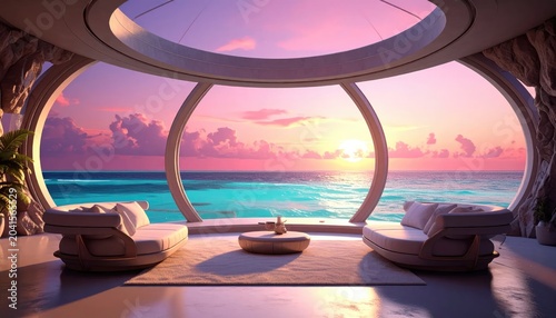 Luxurious Futuristic Ocean View Suite at Sunset.