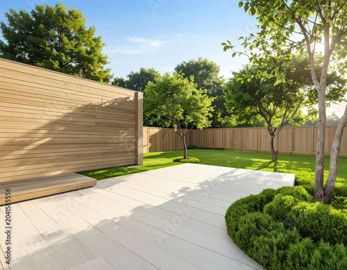 Modern Garden Design with Wooden Cladding and Paved Patio.