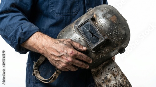 A construction worker holding a worn and dirty welding mask in his hands.