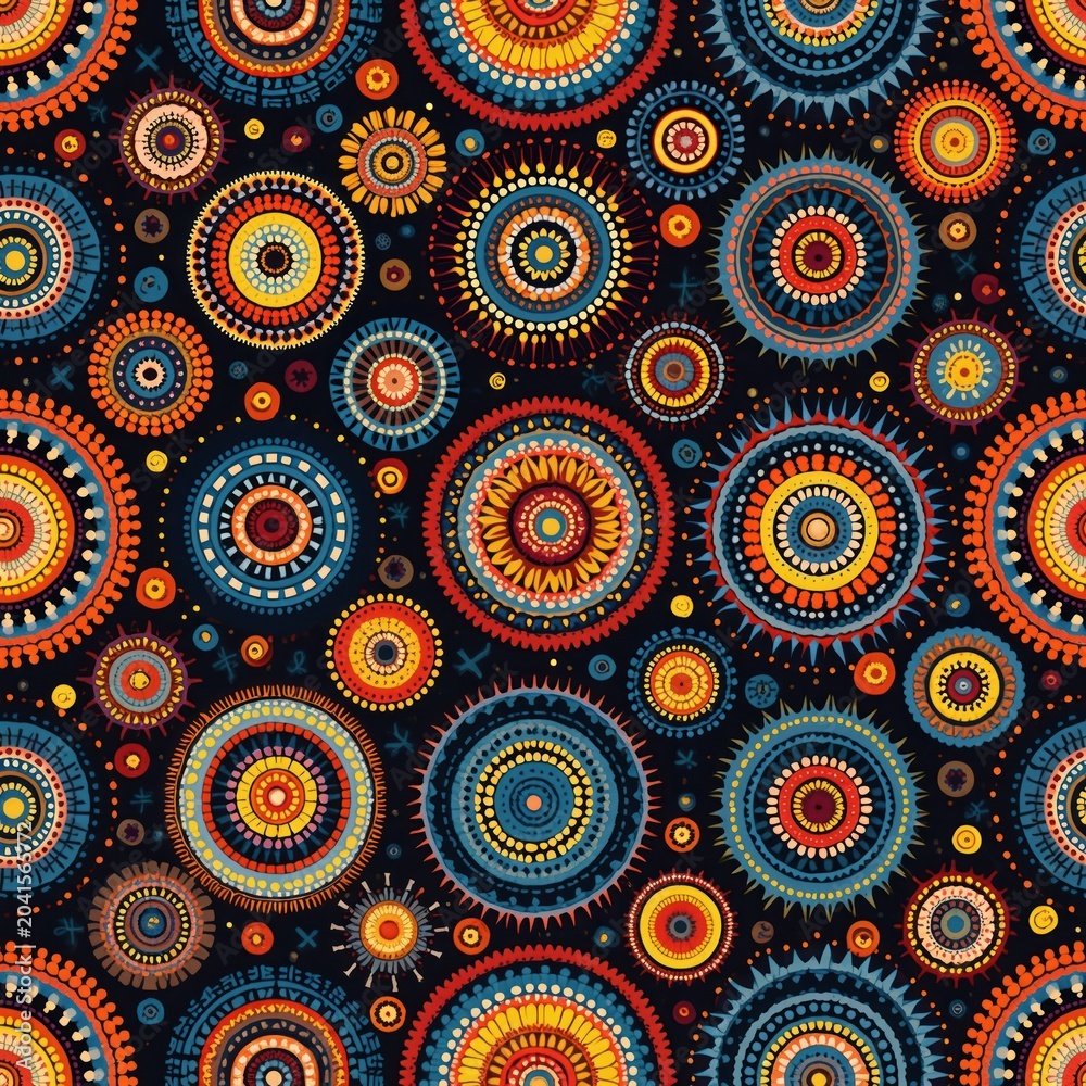 Fototapeta premium Colorful circular patterns on black background. Native aboriginal art style, geometric shapes, dots, lines, sun motifs. Repeating ethnic textile design.