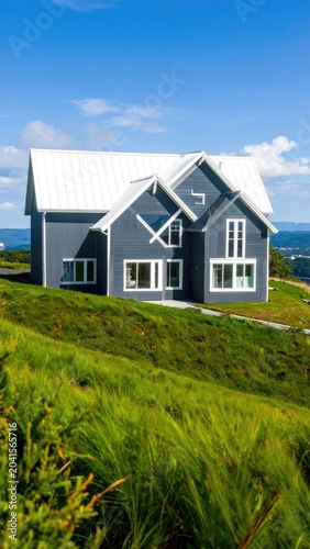 Modern Gray House on a Hill with Ocean View.