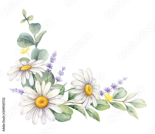 Watercolor corner border with daisies and green eucalyptus branches. Greenery...
