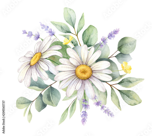 Watercolor bouquet with daisies and green eucalyptus branches. Greenery clipa...