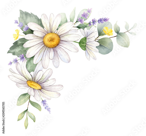Watercolor corner border with daisies and green eucalyptus branches. Greenery...