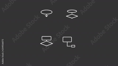 Animated flowchart types white line icons. Business organization animation set. Managing repetitive processes. Info diagrams. Isolated elements on dark background. Alpha channel HD video