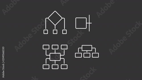 Animated hierarchy schemes white line icons. Project structure presentation animation set. Branching diagram with square blocks. Isolated elements on dark background. Alpha channel HD video