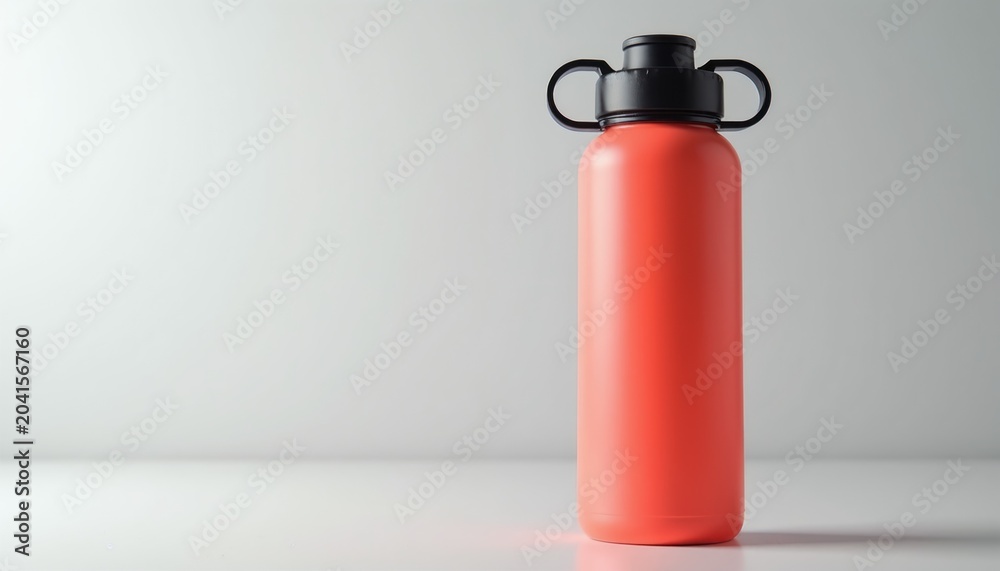 Fototapeta premium Coral water bottle with black cap sits on white surface. Container is clean and modern, ideal for active lifestyle. Hydration accessory for gym, office or travel.