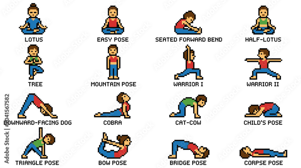 Fototapeta premium Pixel Art Yoga Poses Collection: Diverse Asanas for Wellness and Fitness