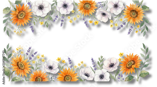Foto Watercolor sunflower anemone floral frame transparent PNG, isolated botanical bo