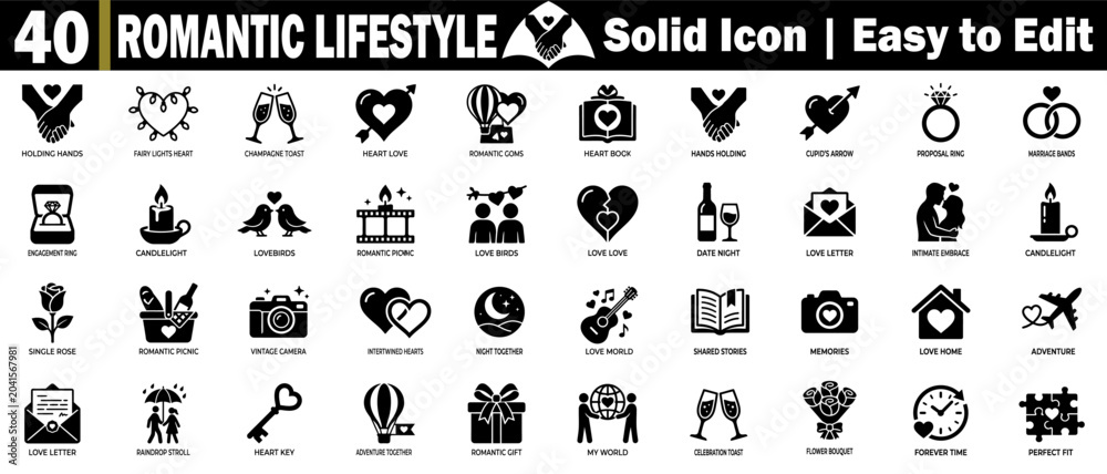 Obraz premium Romantic lifestyle solid icon set. Easy to edit, isolated on a transparent background vector illustration.