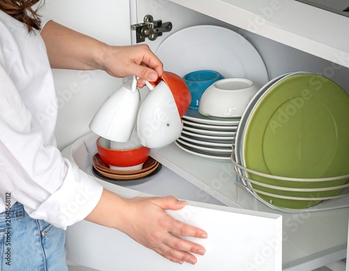 Young Woman Organizing Clean Dishes in Open Kitchen Cabinet