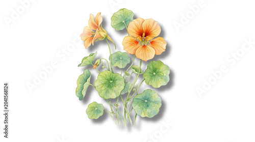 Bild auf Leinwand Watercolor nasturtium flowers transparent PNG, isolated botanical clipart elemen