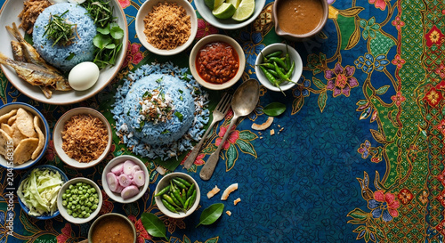 Flat lay of Nasi Kerabu ingredients on Batik fabric, copy space