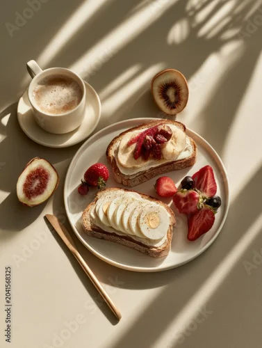 Fototapeta na wymiar Healthy breakfast with protein foods and seasonal fruit on a plate. Coffee cup sits beside it, all shown in natural daylight with minimal decor