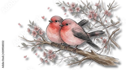 Obraz na plátně Romantic pink birds on cherry blossom branch transparent PNG watercolor clipart