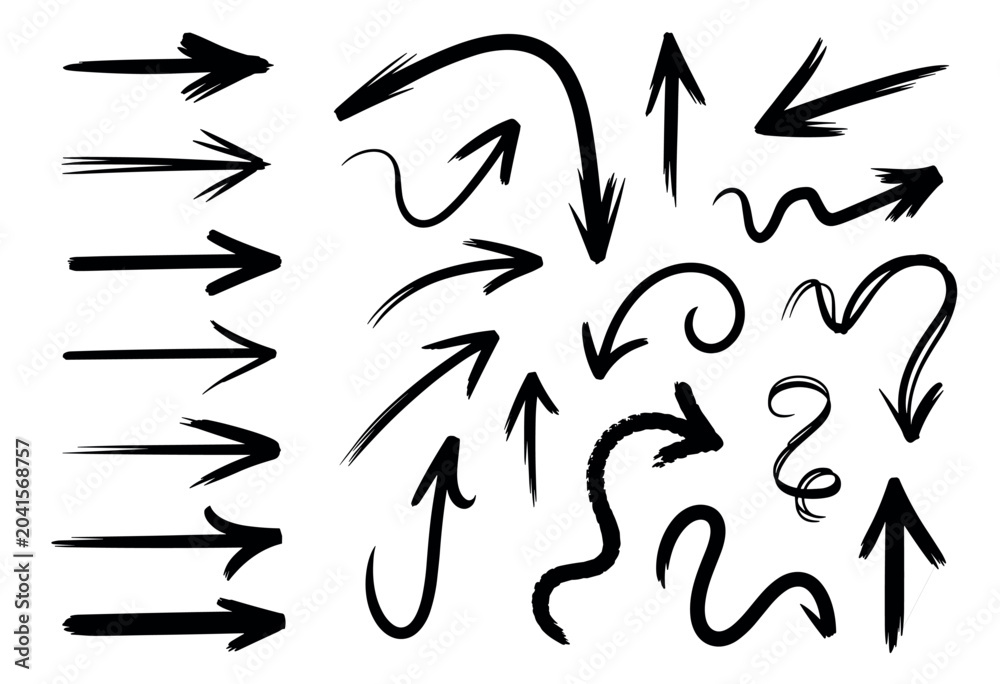 Obraz premium Collection of hand drawn black ink arrows featuring various shapes including straight curved wavy and spiral lines isolated on a white background for and direction indicators
