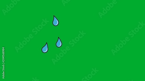 2d animated Water drops falling down vertically in a single column layout animation on green screen. Blue liquid sweat bead, rain droplets or tear drips tracking abstract fx graphic overlay cartoon