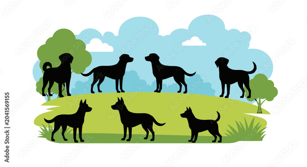 Obraz premium Group of black dog silhouettes standing on green grass.