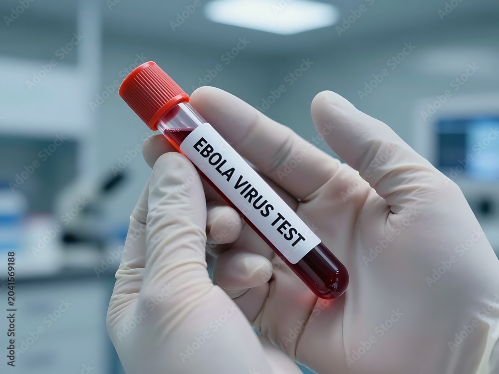 Fototapeta premium Advanced Ebola Virus Diagnostic Test Vials with Positive Medical Results in Modern Laboratory Research for Infectious Disease Pathology and Clinical Biology Analysis
