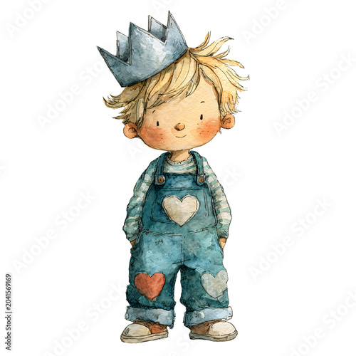 Charming Watercolor Illustration of Little Boy in Oversized Silver Crown