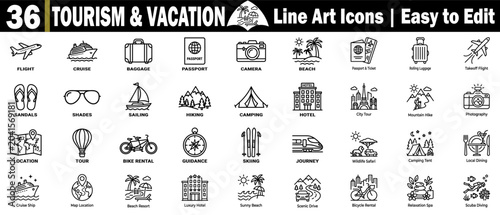 Tourism and vacation line art icon set. Featuring flight, cruise, baggage, beach resort, hotel, skiing, and wildlife safari symbols.