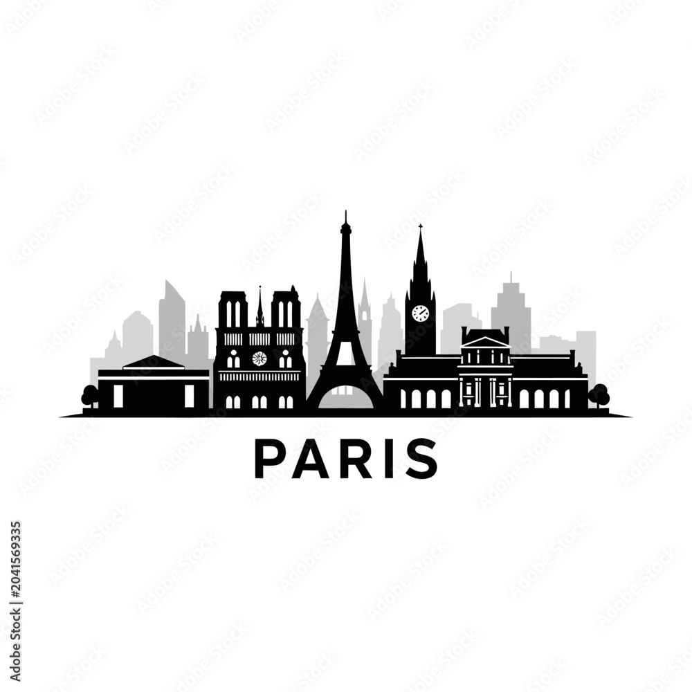Obraz premium Paris skyline silhouette, famous landmarks, travel concept, black and white.